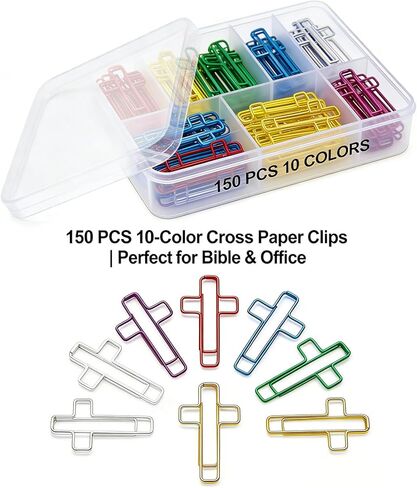 150 قطعة من مشابك الورق الصغيرة المتقاطعة، مشابك ورق متقاطعة ملونة كبيرة الحجم، مشبك ورق CROS-s لصفحات الكتاب المقدس، مشبك ورق مسيحي متعدد الألوان لملاحظات مستندات المكتب المرجعية (10 ألوان) in Kuwait