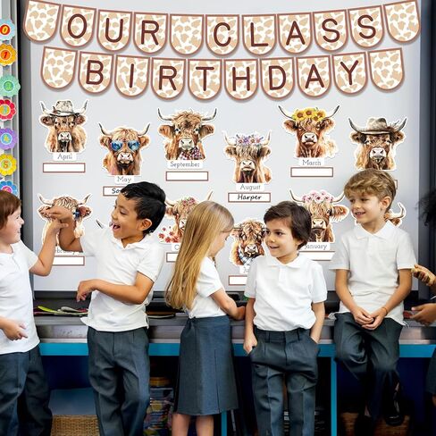 Highland Cow Birthday Bulletin Board Set Spring Classroom Decorations Birthday Chart Calendar Highland Cows Paper Cutouts for Students School Wall Cattle Themed Party Decor Supplies in Kuwait