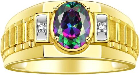 Rylos Men's Yellow Gold Plated Silver Designer Rings - Classic Style with 8x6MM Oval Gemstone & Diamond Accents - Birthstone Rings in Sizes 8-13 in Saudi Arabia