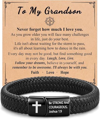 UPROMI Joshua 1:9 "Be Strong and Courageous - Leather Cross Bracelet for Son/Grandson, 8.2 inch in Saudi Arabia