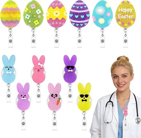 12 Pcs Cute Easter Badge Reels Retractable Acrylic Easter Badge Holder with Alligator Clip Eggs Bunny Badges Reel Easter-Gifts for Teachers Employee Doctors Nurse Party Favor Supplies in Kuwait