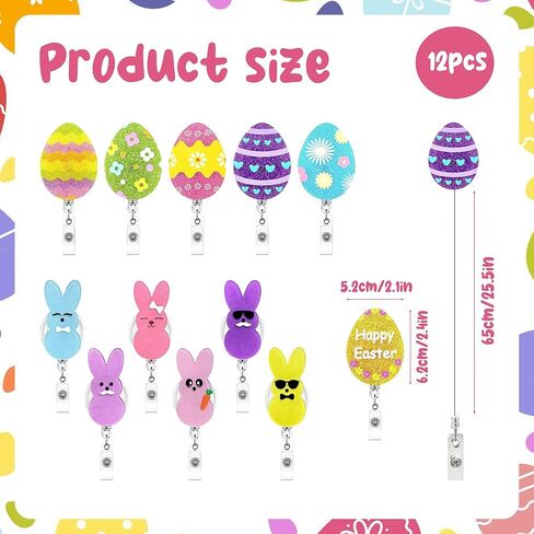12 Pcs Cute Easter Badge Reels Retractable Acrylic Easter Badge Holder with Alligator Clip Eggs Bunny Badges Reel Easter-Gifts for Teachers Employee Doctors Nurse Party Favor Supplies in Kuwait