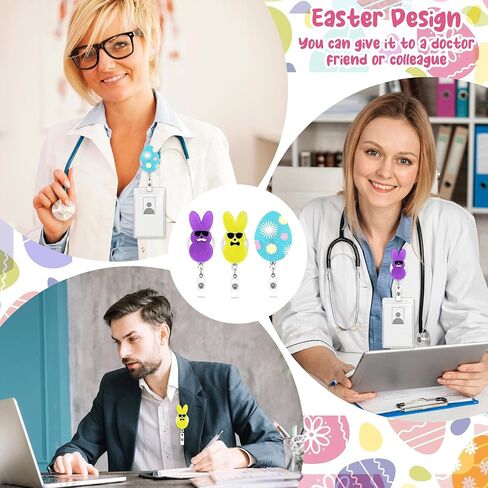 12 Pcs Cute Easter Badge Reels Retractable Acrylic Easter Badge Holder with Alligator Clip Eggs Bunny Badges Reel Easter-Gifts for Teachers Employee Doctors Nurse Party Favor Supplies in Kuwait