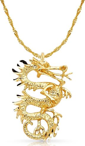 14K Yellow Gold Dragon Charm Pendant with 1.2mm Singapore Chain Necklace in Saudi Arabia