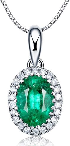 قلادة كارلين من الذهب الأبيض الصلب عيار 14 قيراط 0.46 قيراط من الزمرد الأخضر الطبيعي، قلادة هالة صغيرة من حجر الميلاد على شكل بيضاوي مع ألماس 0.06 قيراط، هدية مجوهرات راقية للنساء، الطول 45.72 سم in Kuwait