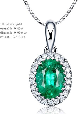 قلادة كارلين من الذهب الأبيض الصلب عيار 14 قيراط 0.46 قيراط من الزمرد الأخضر الطبيعي، قلادة هالة صغيرة من حجر الميلاد على شكل بيضاوي مع ألماس 0.06 قيراط، هدية مجوهرات راقية للنساء، الطول 45.72 سم in Kuwait