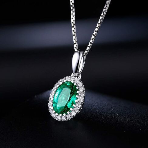 قلادة كارلين من الذهب الأبيض الصلب عيار 14 قيراط 0.46 قيراط من الزمرد الأخضر الطبيعي، قلادة هالة صغيرة من حجر الميلاد على شكل بيضاوي مع ألماس 0.06 قيراط، هدية مجوهرات راقية للنساء، الطول 45.72 سم in Kuwait