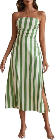 Women's Striped Ruched Maxi Tube Dress Tie Backless High Split Strapless Dresses in Saudi Arabia