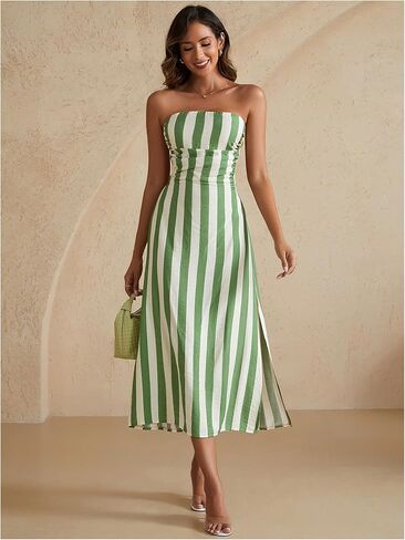 Women's Striped Ruched Maxi Tube Dress Tie Backless High Split Strapless Dresses in Saudi Arabia