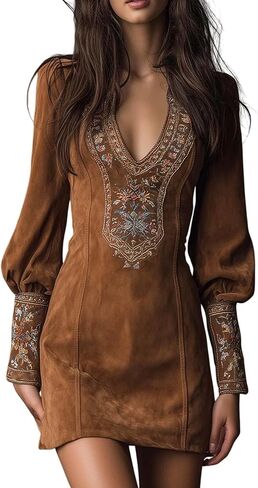 2026 New Women's Bodycon Dress Faux suedeembroidered mini Dress,Floral V Neck Lantern Sleeve Short Bodycon Dresses in Saudi Arabia
