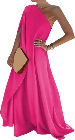 YMING Women's One Shoulder Solid Color Maxi Dress Summer Wedding Guest Long Dresses Cocktail Party Loose Fit Dress in Kuwait