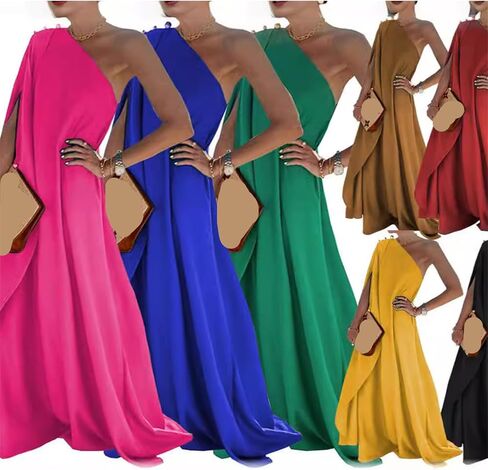 YMING Women's One Shoulder Solid Color Maxi Dress Summer Wedding Guest Long Dresses Cocktail Party Loose Fit Dress in Saudi Arabia