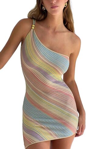 Women's Rainbow Bodycon One Shoulder Mini Knit Going Out Summer Short Rave Club Dress Cocktail Party Dresses in Saudi Arabia
