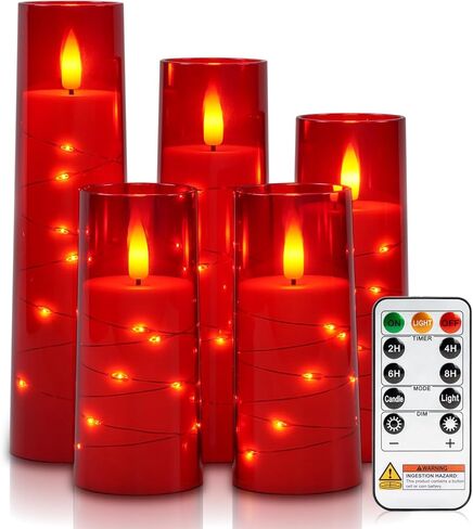 شمعة Raycare عديمة اللهب مع مؤقت عن بعد - 5 شموع عمودية LED تعمل بالبطارية الأكريليك الوامضة مع سلسلة نجمة مدمجة للهالوين، وديكور المنزل، وكهدية (أحمر) in Kuwait
