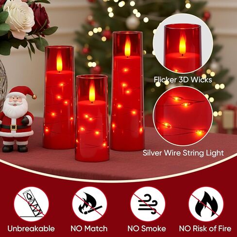 شمعة Raycare عديمة اللهب مع مؤقت عن بعد - 5 شموع عمودية LED تعمل بالبطارية الأكريليك الوامضة مع سلسلة نجمة مدمجة للهالوين، وديكور المنزل، وكهدية (أحمر) in Kuwait