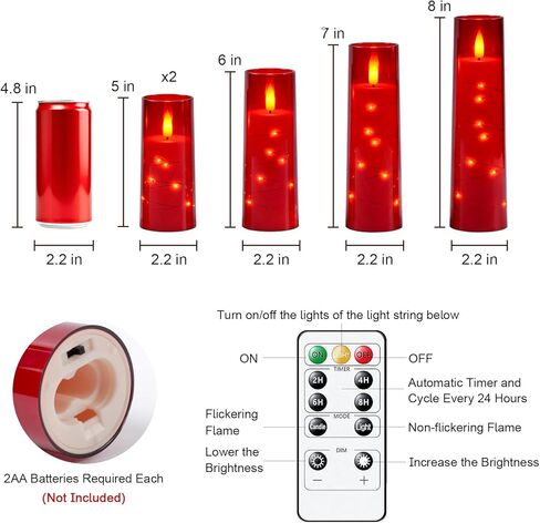 شمعة Raycare عديمة اللهب مع مؤقت عن بعد - 5 شموع عمودية LED تعمل بالبطارية الأكريليك الوامضة مع سلسلة نجمة مدمجة للهالوين، وديكور المنزل، وكهدية (أحمر) in Kuwait