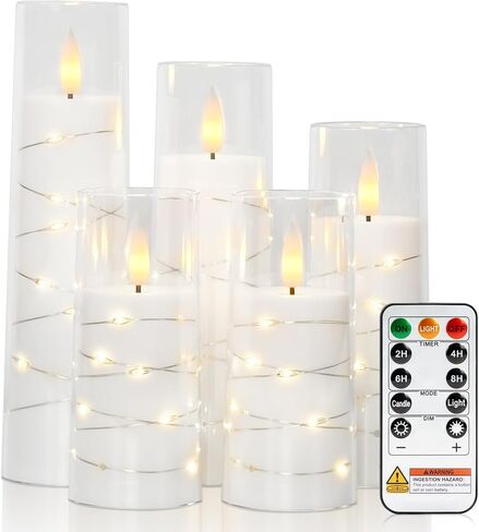 شمعة Raycare عديمة اللهب مع مؤقت عن بعد - 5 شموع عمودية LED تعمل بالبطارية الأكريليك الوامضة مع سلسلة نجمة مدمجة للهالوين، وديكور المنزل، وكهدية (أحمر) in Kuwait