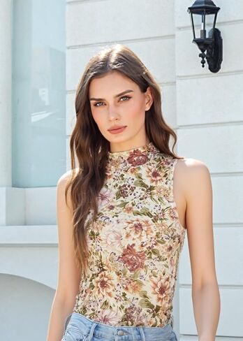 قمصان Dressmine النسائية الشبكية الزهرية بدون أكمام ورقبة وهمية وطبقات من القمصان المثيرة والمجهزة للخروج in Kuwait