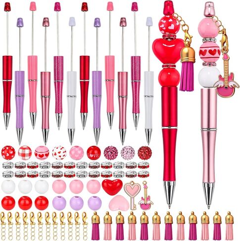 12 Set DIY Valentine's Day Beadable Pens, Colorful Crystal Wooden Beadable Styles with Pendants Lobster Clasps for Students Teens Valentine's Day Presents School Office Supplies in Kuwait