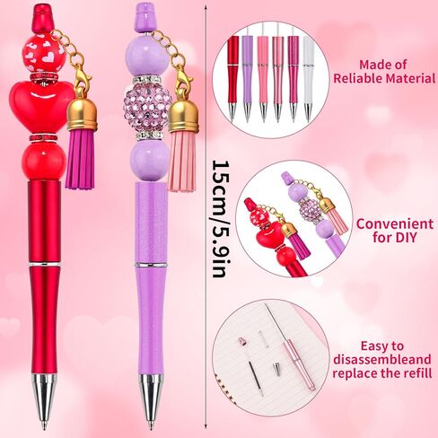 12 Set DIY Valentine's Day Beadable Pens, Colorful Crystal Wooden Beadable Styles with Pendants Lobster Clasps for Students Teens Valentine's Day Presents School Office Supplies in Kuwait