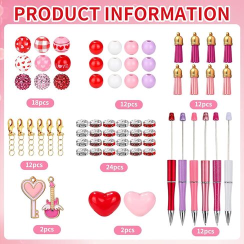 12 Set DIY Valentine's Day Beadable Pens, Colorful Crystal Wooden Beadable Styles with Pendants Lobster Clasps for Students Teens Valentine's Day Presents School Office Supplies in Kuwait
