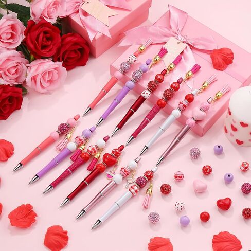 12 Set DIY Valentine's Day Beadable Pens, Colorful Crystal Wooden Beadable Styles with Pendants Lobster Clasps for Students Teens Valentine's Day Presents School Office Supplies in Kuwait