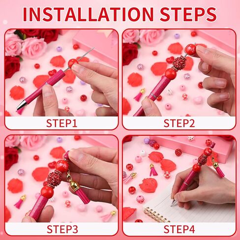 12 Set DIY Valentine's Day Beadable Pens, Colorful Crystal Wooden Beadable Styles with Pendants Lobster Clasps for Students Teens Valentine's Day Presents School Office Supplies in Kuwait