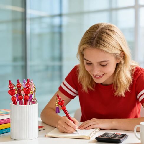 12 Set DIY Valentine's Day Beadable Pens, Colorful Crystal Wooden Beadable Styles with Pendants Lobster Clasps for Students Teens Valentine's Day Presents School Office Supplies in Kuwait