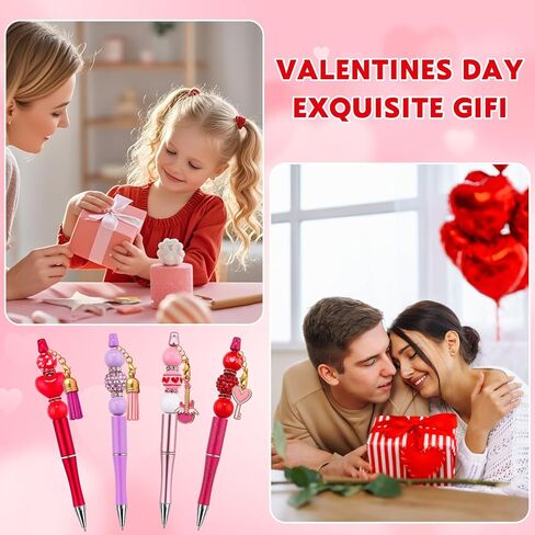 12 Set DIY Valentine's Day Beadable Pens, Colorful Crystal Wooden Beadable Styles with Pendants Lobster Clasps for Students Teens Valentine's Day Presents School Office Supplies in Kuwait