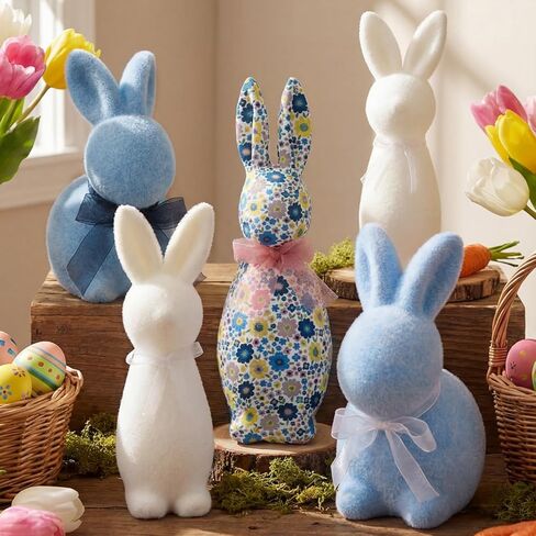 5 Pcs Flocked Bunny Easter Decor Bulk with Bow Large 12" Floral Rabbit 6.7 Inch Blue and 8.7 Inch White Bunny Decor Spring Home Tables Centrepieces for Easter Decoration in Saudi Arabia