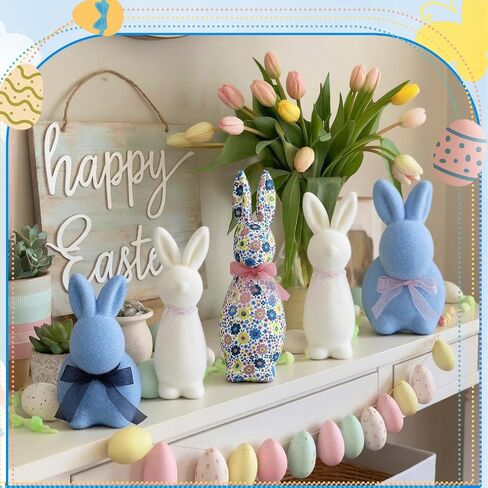 5 Pcs Flocked Bunny Easter Decor Bulk with Bow Large 12" Floral Rabbit 6.7 Inch Blue and 8.7 Inch White Bunny Decor Spring Home Tables Centrepieces for Easter Decoration in Saudi Arabia