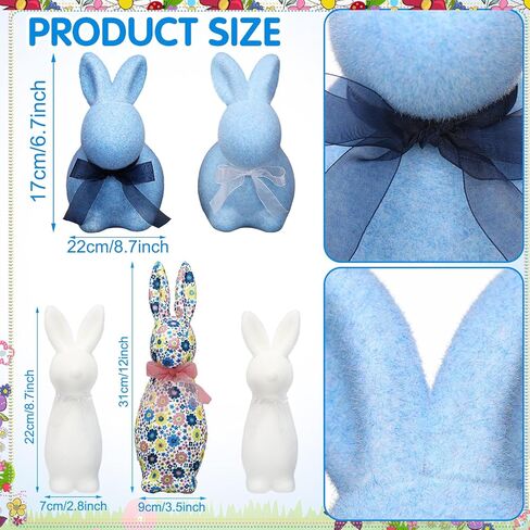 5 Pcs Flocked Bunny Easter Decor Bulk with Bow Large 12" Floral Rabbit 6.7 Inch Blue and 8.7 Inch White Bunny Decor Spring Home Tables Centrepieces for Easter Decoration in Saudi Arabia