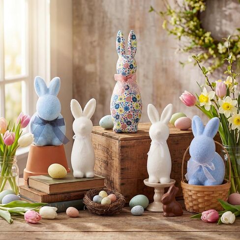 5 Pcs Flocked Bunny Easter Decor Bulk with Bow Large 12" Floral Rabbit 6.7 Inch Blue and 8.7 Inch White Bunny Decor Spring Home Tables Centrepieces for Easter Decoration in Saudi Arabia