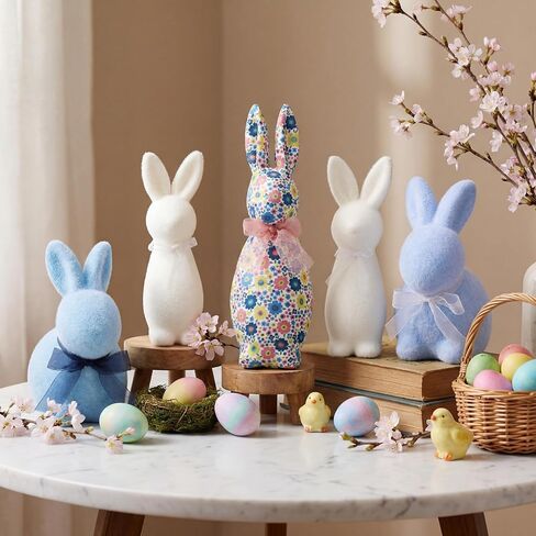 5 Pcs Flocked Bunny Easter Decor Bulk with Bow Large 12" Floral Rabbit 6.7 Inch Blue and 8.7 Inch White Bunny Decor Spring Home Tables Centrepieces for Easter Decoration in Saudi Arabia