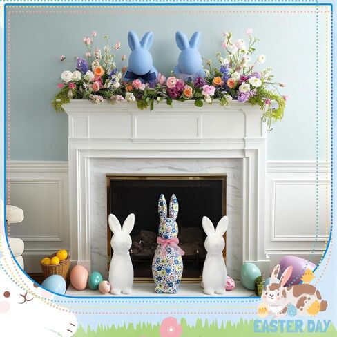 5 Pcs Flocked Bunny Easter Decor Bulk with Bow Large 12" Floral Rabbit 6.7 Inch Blue and 8.7 Inch White Bunny Decor Spring Home Tables Centrepieces for Easter Decoration in Saudi Arabia