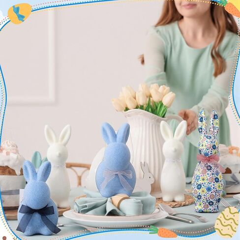 5 Pcs Flocked Bunny Easter Decor Bulk with Bow Large 12" Floral Rabbit 6.7 Inch Blue and 8.7 Inch White Bunny Decor Spring Home Tables Centrepieces for Easter Decoration in Saudi Arabia