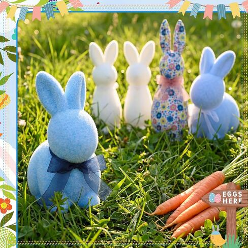 5 Pcs Flocked Bunny Easter Decor Bulk with Bow Large 12" Floral Rabbit 6.7 Inch Blue and 8.7 Inch White Bunny Decor Spring Home Tables Centrepieces for Easter Decoration in Saudi Arabia
