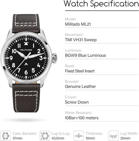 TACTICAL FROG MILITADO ML21 37mm Aviation-Inspired Field Watch, VH31 Sweep/515 Quartz Movement, Sapphire Crystal, BGW9 Lume, 100M Waterproof Men's Casual Dress Watch in Saudi Arabia