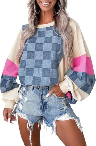 Womens Oversized Sweatshirts Checkered Denim Long Sleev Seam Patchworkall Pullover Casual Tops Preppy Winter in Saudi Arabia