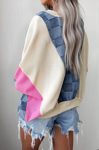 Womens Oversized Sweatshirts Checkered Denim Long Sleev Seam Patchworkall Pullover Casual Tops Preppy Winter in Saudi Arabia