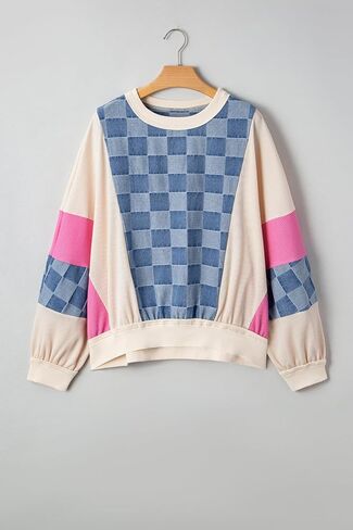 Womens Oversized Sweatshirts Checkered Denim Long Sleev Seam Patchworkall Pullover Casual Tops Preppy Winter in Saudi Arabia