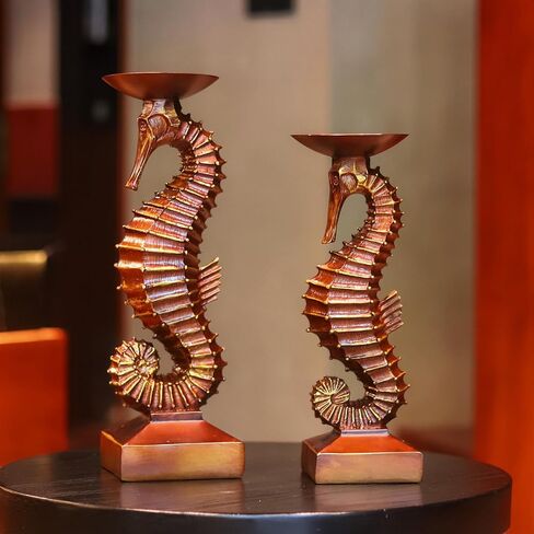 15"H Antique Bronze Seahorse Candle Holder 2 Pcs Statue Elegant Home Wedding Table Ocean Seaside Decor Saltwater Fish Coastal Nautical Bygone Era Theme Presents for Sea Marine Magical Things Lovers in Saudi Arabia