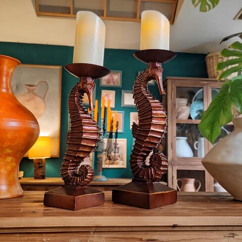 15"H Antique Bronze Seahorse Candle Holder 2 Pcs Statue Elegant Home Wedding Table Ocean Seaside Decor Saltwater Fish Coastal Nautical Bygone Era Theme Presents for Sea Marine Magical Things Lovers in Saudi Arabia