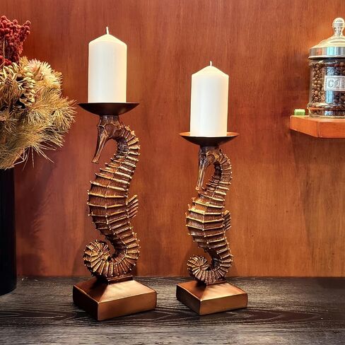 15"H Antique Bronze Seahorse Candle Holder 2 Pcs Statue Elegant Home Wedding Table Ocean Seaside Decor Saltwater Fish Coastal Nautical Bygone Era Theme Presents for Sea Marine Magical Things Lovers in Saudi Arabia