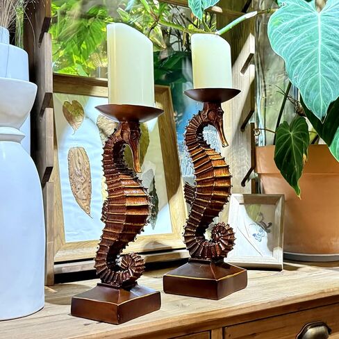 15"H Antique Bronze Seahorse Candle Holder 2 Pcs Statue Elegant Home Wedding Table Ocean Seaside Decor Saltwater Fish Coastal Nautical Bygone Era Theme Presents for Sea Marine Magical Things Lovers in Saudi Arabia