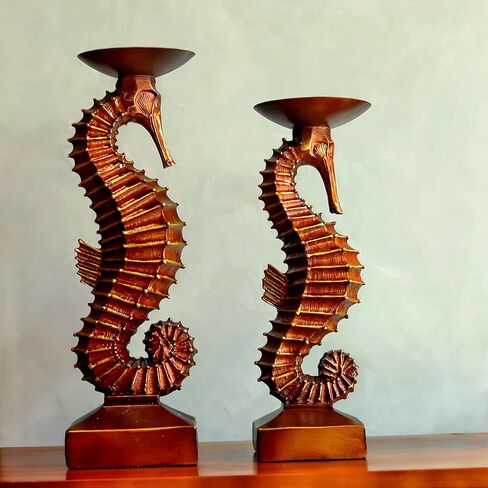 15"H Antique Bronze Seahorse Candle Holder 2 Pcs Statue Elegant Home Wedding Table Ocean Seaside Decor Saltwater Fish Coastal Nautical Bygone Era Theme Presents for Sea Marine Magical Things Lovers in Saudi Arabia