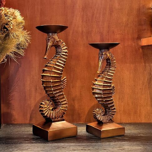 15"H Antique Bronze Seahorse Candle Holder 2 Pcs Statue Elegant Home Wedding Table Ocean Seaside Decor Saltwater Fish Coastal Nautical Bygone Era Theme Presents for Sea Marine Magical Things Lovers in Saudi Arabia