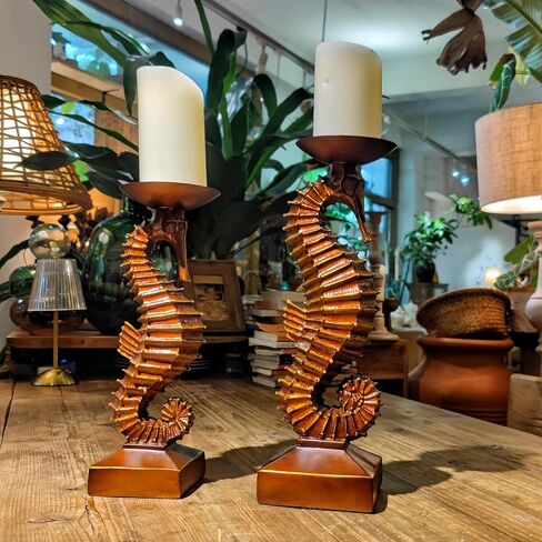 15"H Antique Bronze Seahorse Candle Holder 2 Pcs Statue Elegant Home Wedding Table Ocean Seaside Decor Saltwater Fish Coastal Nautical Bygone Era Theme Presents for Sea Marine Magical Things Lovers in Saudi Arabia