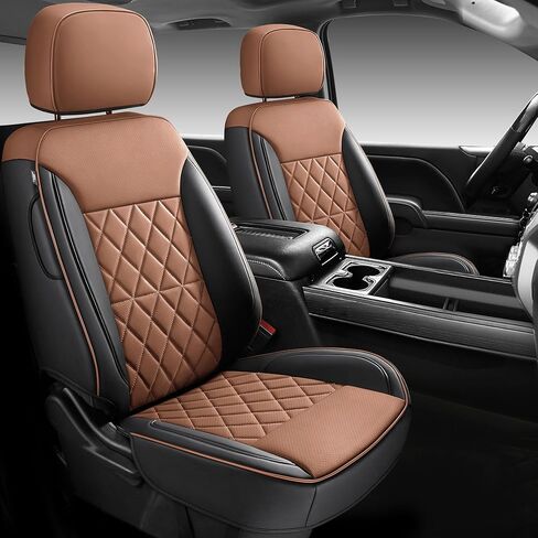 أغطية مقاعد جلدية نابا مخصصة لسيارة Chevy Silverado وGMC Sierra Crew Cab، تصميم مقعد خلفي مسطح 46 تقسيم، متوافق مع 2019-2026 1500 و2020-2026 2500HD 3500HD (مجموعة كاملة، أسود وبني) in Kuwait