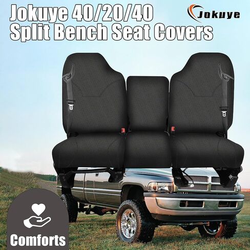 Jokuye 40/20/40 أغطية مقاعد منفصلة لسيارة Dodge Ram 1500 2500 3500 1998 1999 2000 2001 2002 واقيات المقعد الأمامي من قماش أكسفورد عالي التحمل مع فتحات حزام الأمان وظهر مانع للانزلاق - أسود in Kuwait